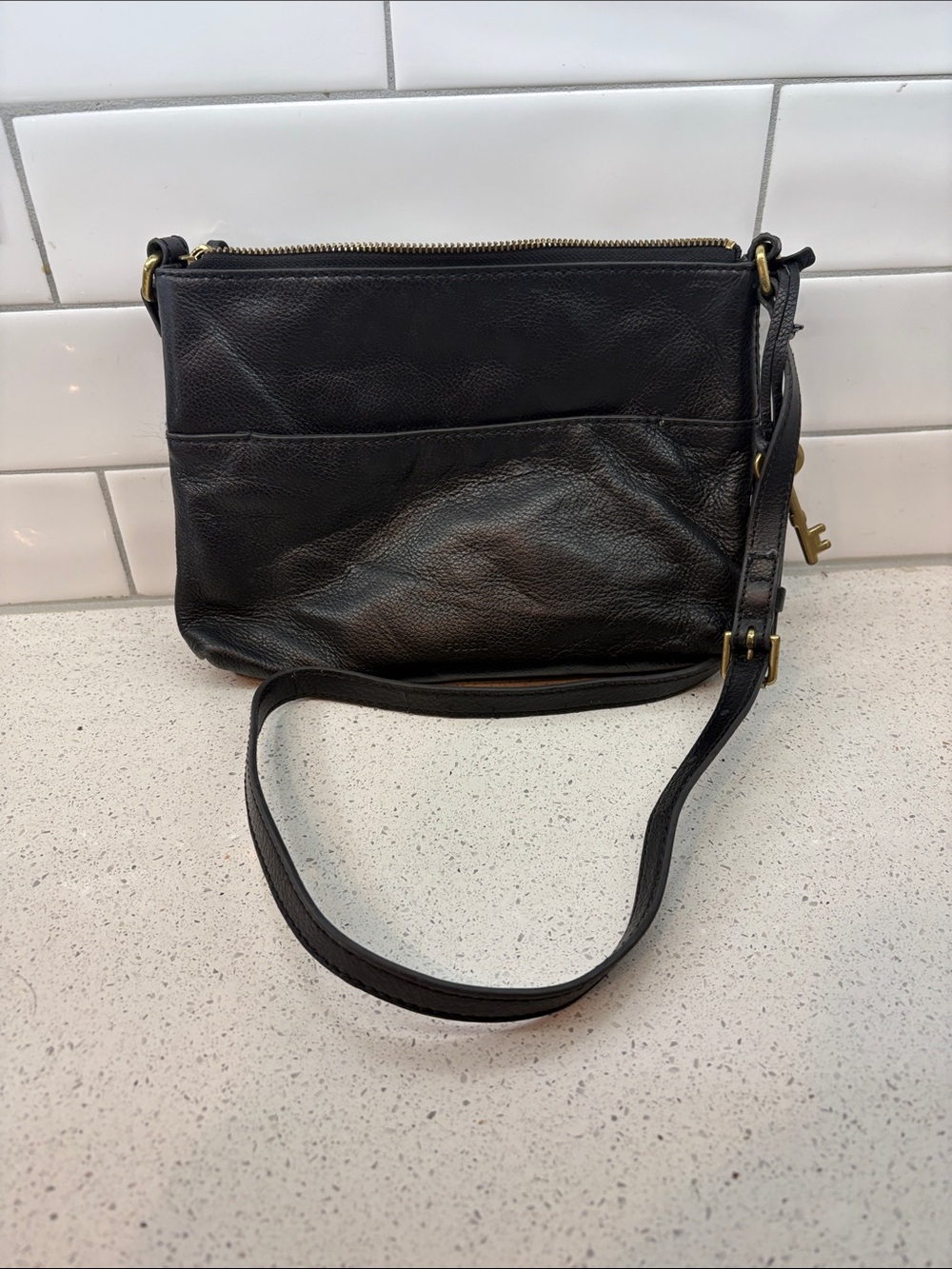Fossil Black Leather Crossbody with Key Charm - Picture 2 of 2